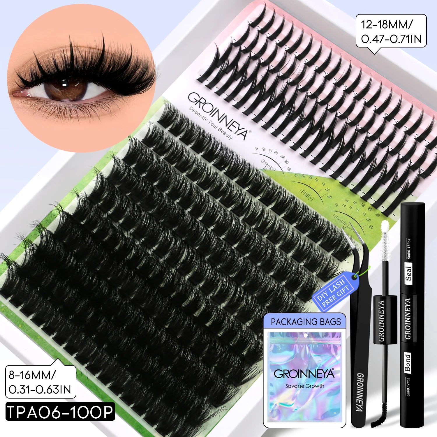 GROINNEYA Lash Clusters Kit DIY Manga Cluster Lashes Set Spikes Lashes Cluster Extension Full Set Individual Eyelashes Makeup