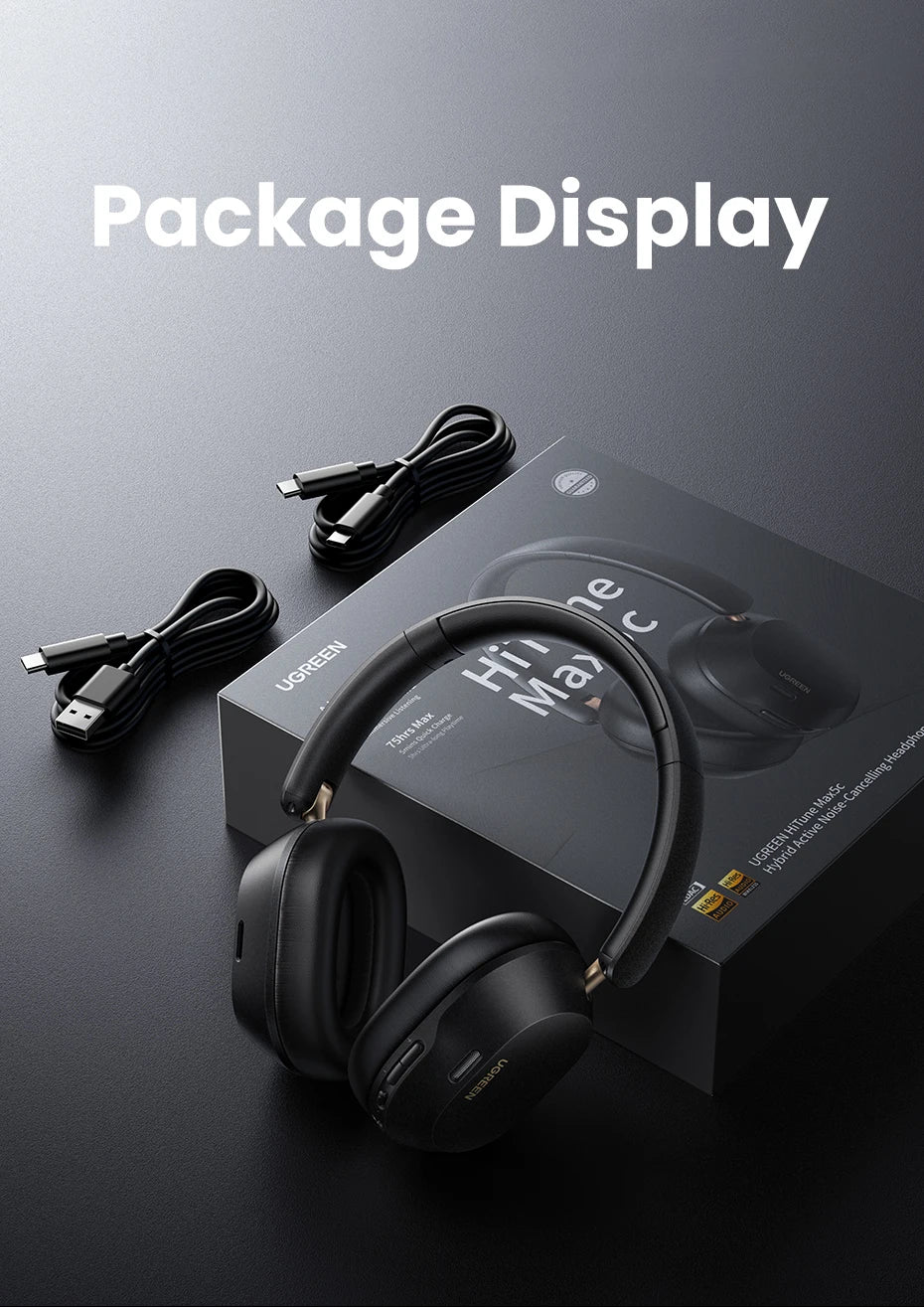 Écouteurs sans fil Bluetooth UGREEN Max5c avec réduction de bruit active ANC 43 dB, audio spatial haute résolution LDAC 75 Hz.