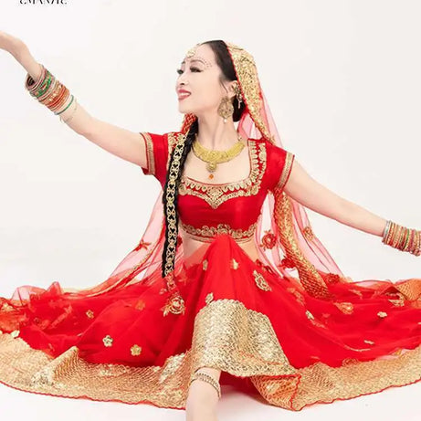 Yiman Exotic Indian Dance Dress Ethnic Style Female Photo Belly Dance Sari Top Big Swing Skirt Lengha Set