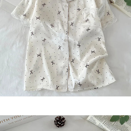 New Korean-Style Elegant Young Ladies' Pyjamas Summer New Arrival Short-Sleeved Polka Dot Bow Ice Silk Pyjama Set Homewear Set