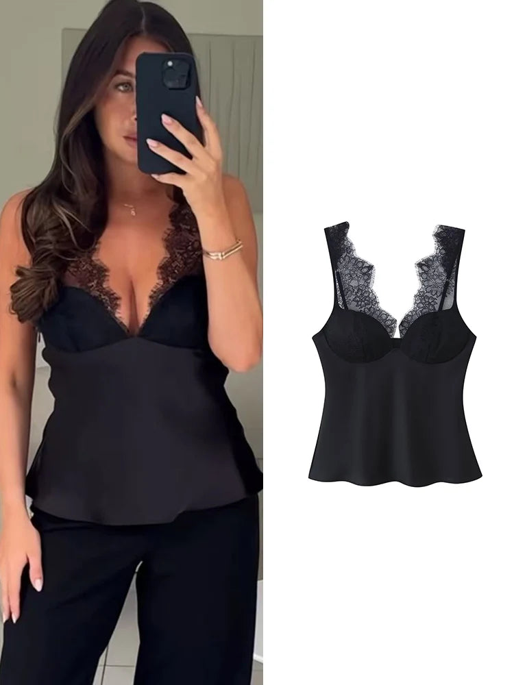 Camisetas de tirantes elegantes para mujer, top sexy sin mangas con encaje, top de tirantes vintage adelgazante, nueva colección 2026 de ropa urbana femenina.