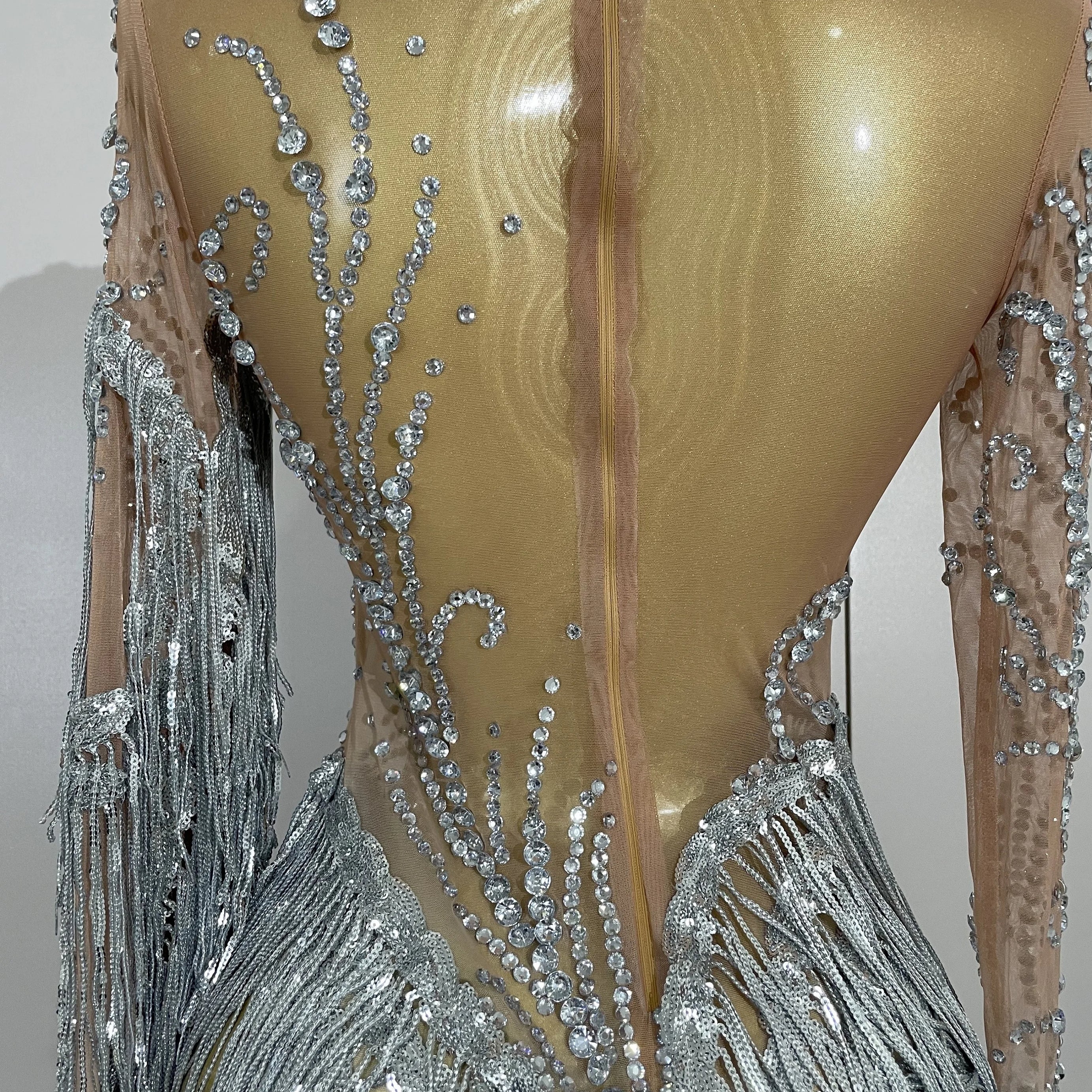 Women Sparkly Rhinestone Pearl Sequins Tassel Sexy Transparent Dress Evening Birthday Party Nightclub Dance Singer Stage Outfit