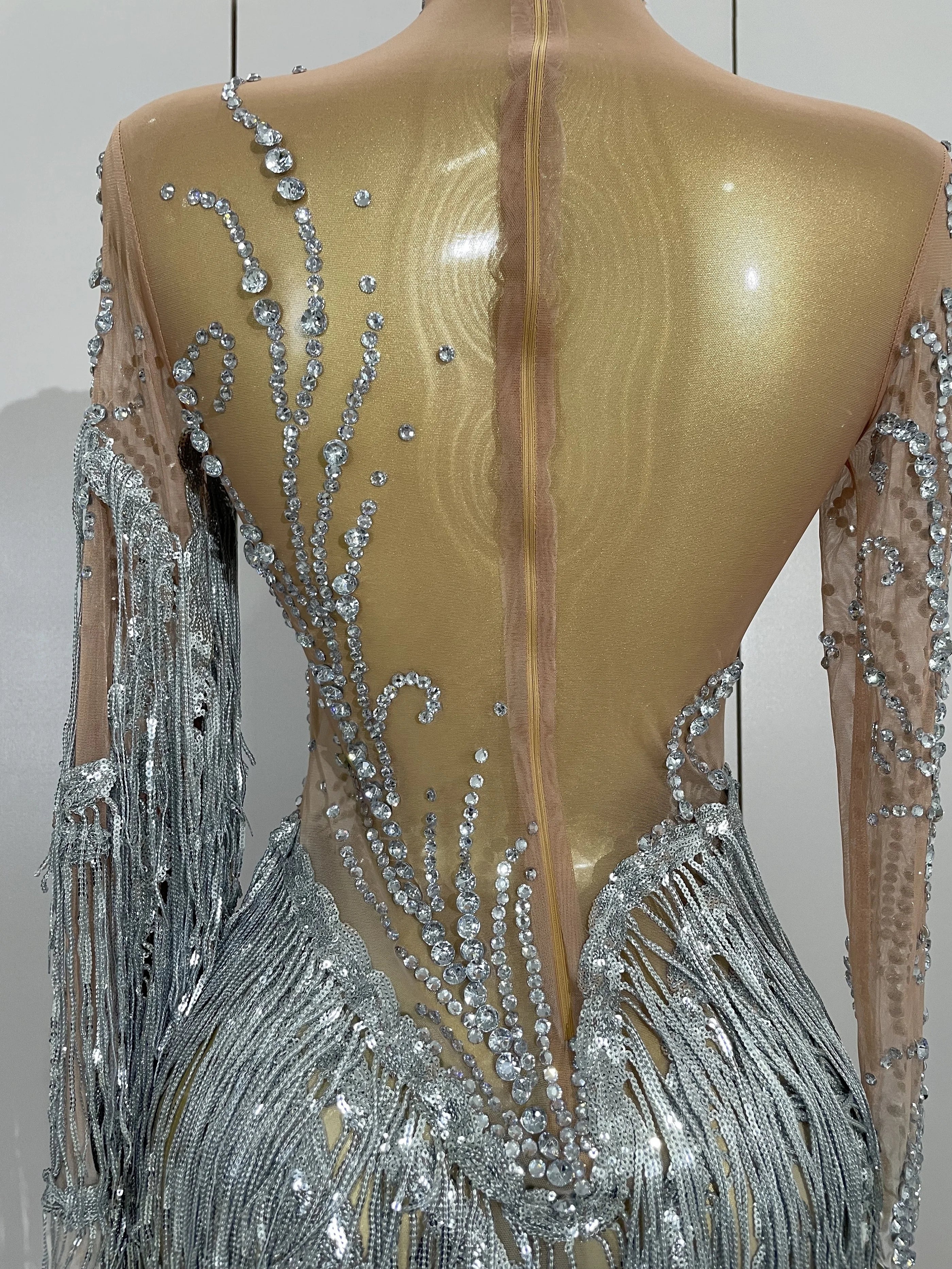 Women Sparkly Rhinestone Pearl Sequins Tassel Sexy Transparent Dress Evening Birthday Party Nightclub Dance Singer Stage Outfit