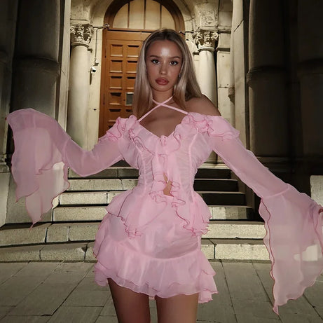 Ensembles pour femmes Ahagaga Fashion, manches longues, coupe slim unie, bretelles croisées, col bateau transparent.