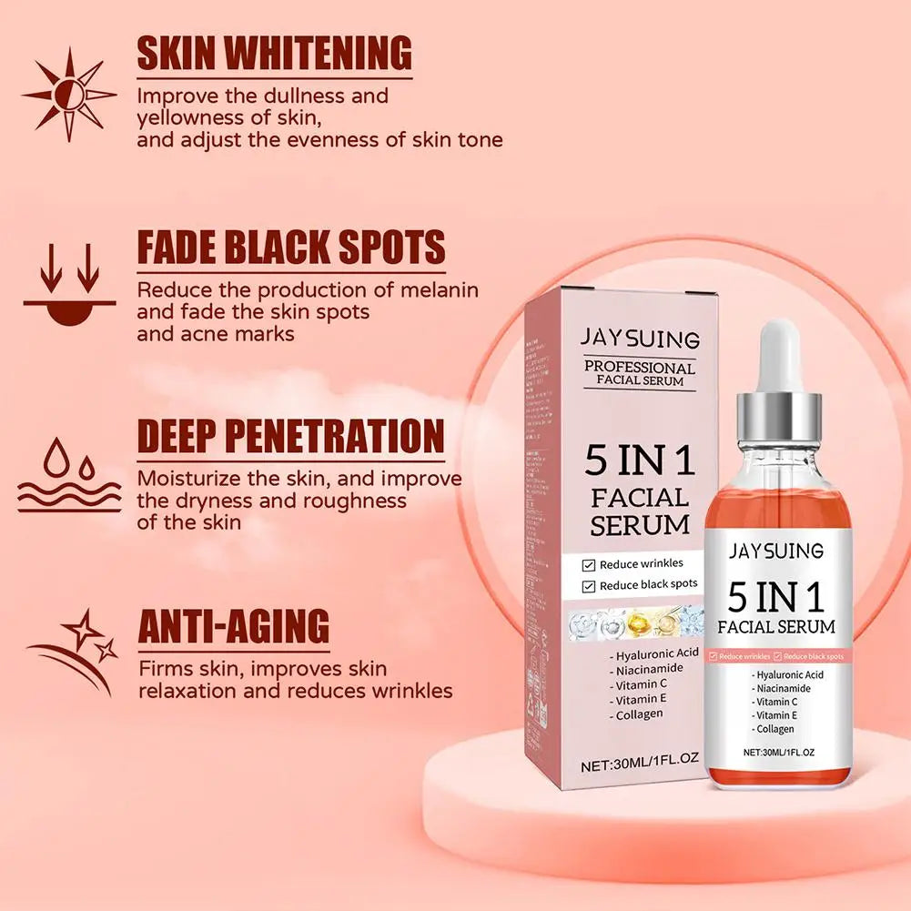 Sérum visage 5 en 1 : Atténue les ridules, raffermit, hydrate et illumine le teint, enrichi en vitamine C et en acide hyaluronique, resserre les pores. Soin de la peau.