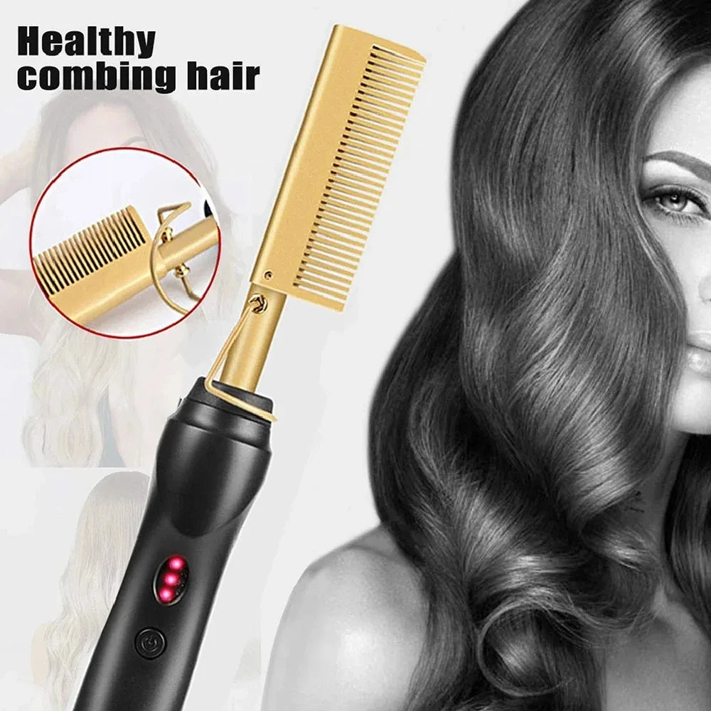 Peigne chauffant électrique rose, fer à lisser pour cheveux, barbe et perruques, utilisable sur cheveux secs ou mouillés.