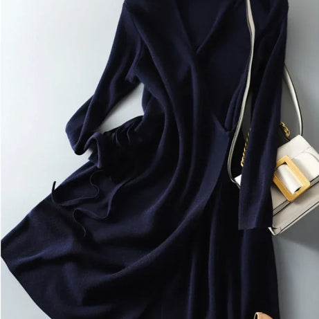 Pull d'automne-hiver pour femme, robe cache-cœur à col V, style coréen, jupe ample et élégante en maille