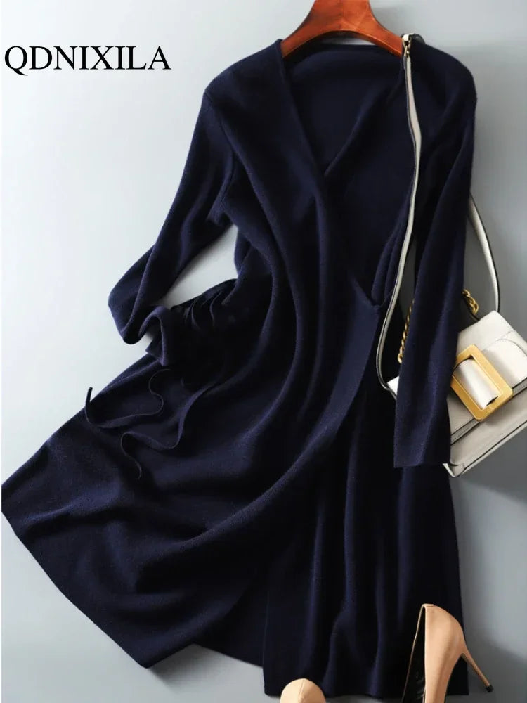 Pull d'automne-hiver pour femme, robe cache-cœur à col V, style coréen, jupe ample et élégante en maille