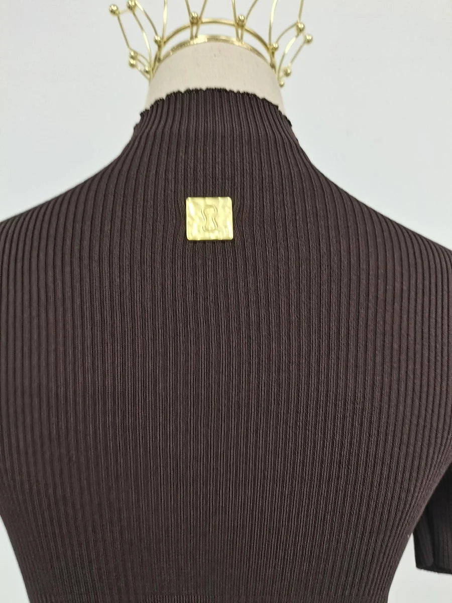 T-shirts TWOTWINSTYLE pour femmes, col roulé, manches courtes, style minimaliste, coupe amincissante, ornés d'une boucle métallique ajourée (collection femme 2025)