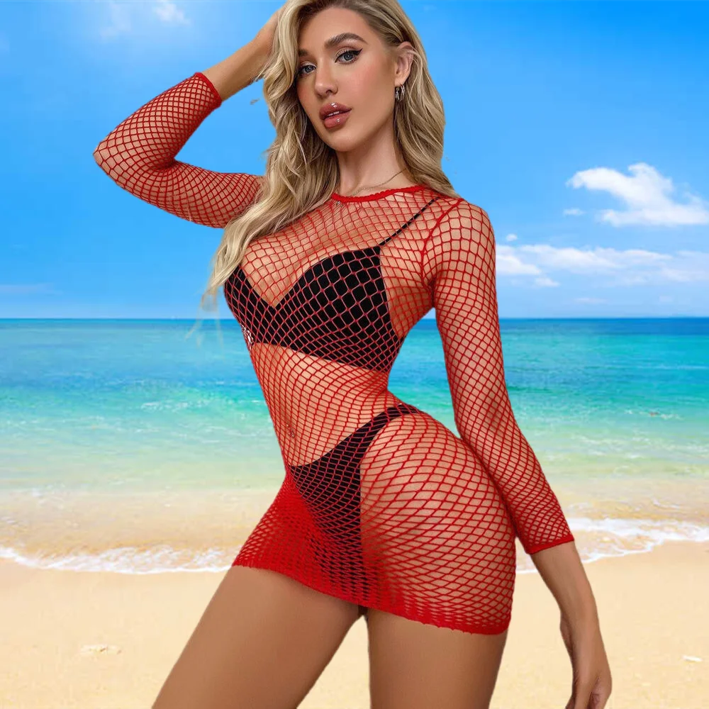 Robe de plage sexy pour femme, robe d'été transparente en résille, lingerie mini col rond, robe élégante pour femme, cache-bikini