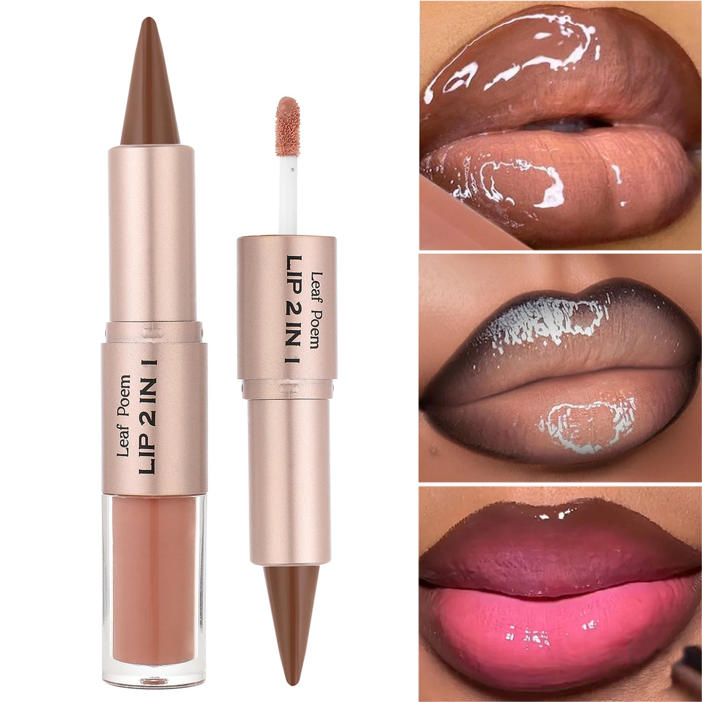 Crayon contour des lèvres noir et marron effilé, double embout miroir, effet repulpant, gloss cristal, maquillage pour des lèvres rouges sexy