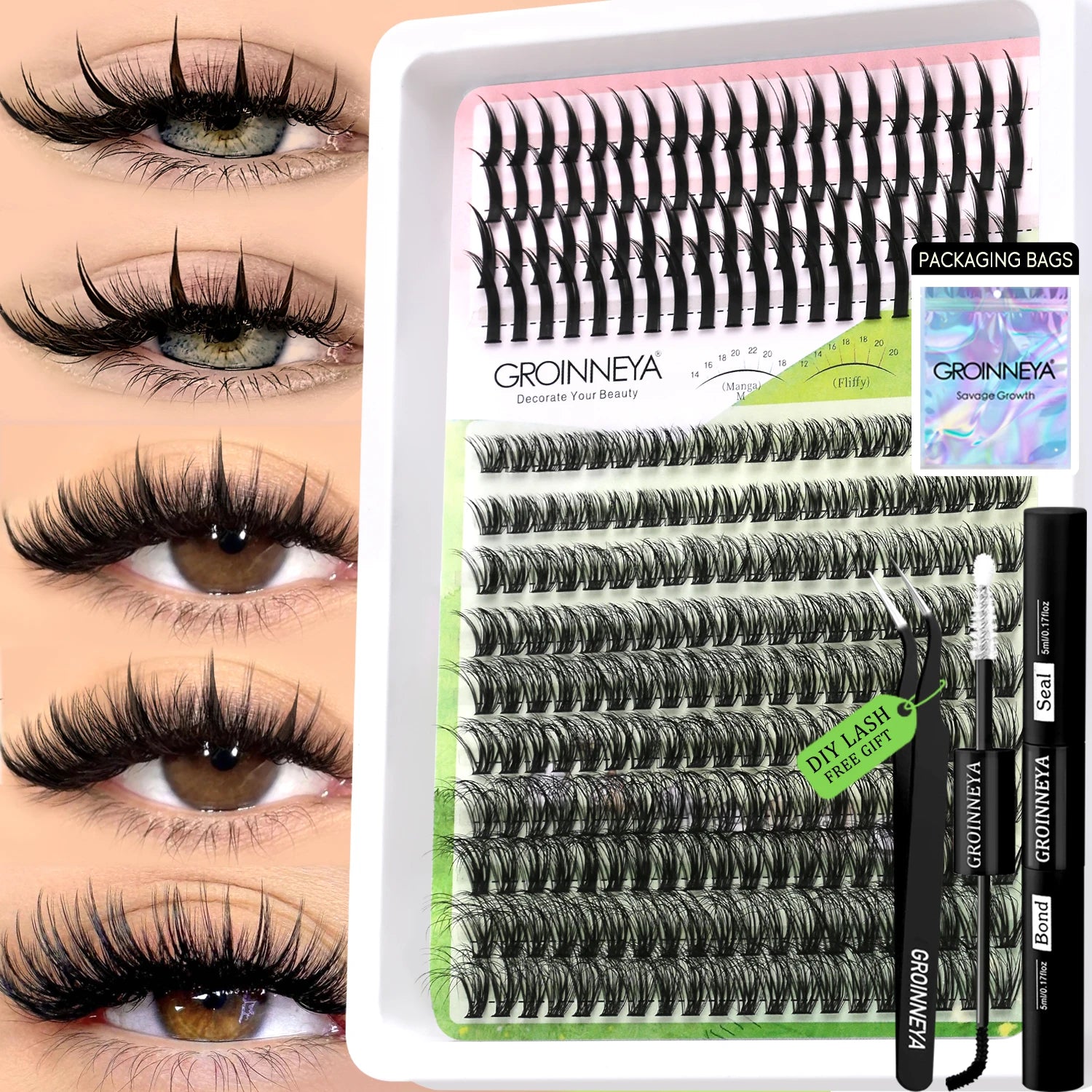 GROINNEYA Lash Clusters Kit DIY Manga Cluster Lashes Set Spikes Lashes Cluster Extension Full Set Individual Eyelashes Makeup