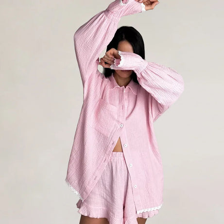 Ensemble pyjama en coton pour femme, automne, chemise à manches longues et short, ensemble 2 pièces, vêtements de nuit décontractés à volants.