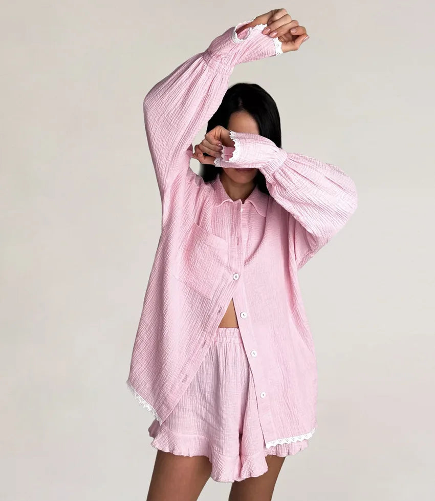 Ensemble pyjama en coton pour femme, automne, chemise à manches longues et short, ensemble 2 pièces, vêtements de nuit décontractés à volants.