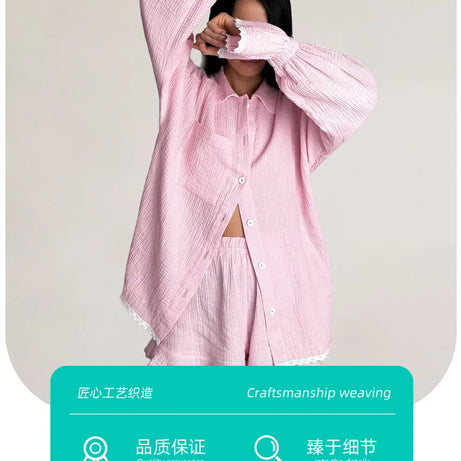 Ensemble pyjama en coton pour femme, automne, chemise à manches longues et short, ensemble 2 pièces, vêtements de nuit décontractés à volants.