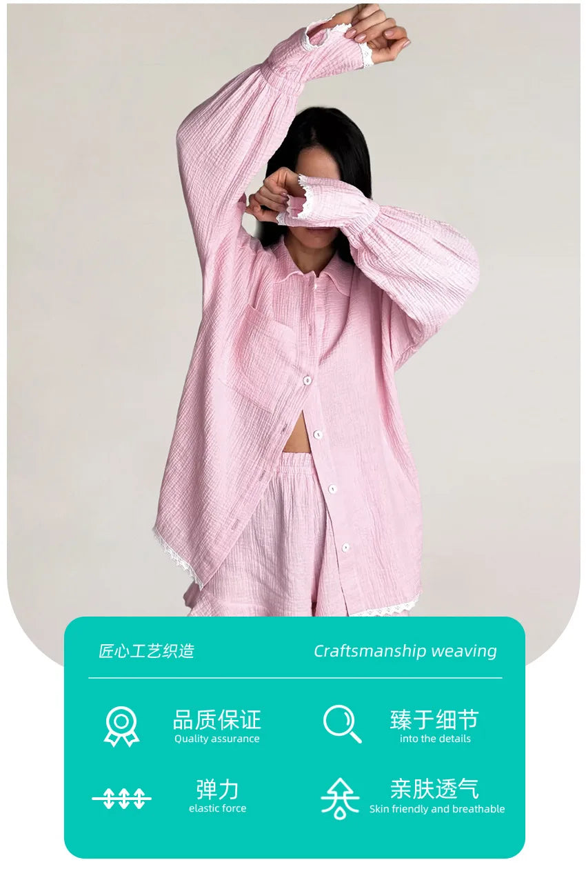 Ensemble pyjama en coton pour femme, automne, chemise à manches longues et short, ensemble 2 pièces, vêtements de nuit décontractés à volants.