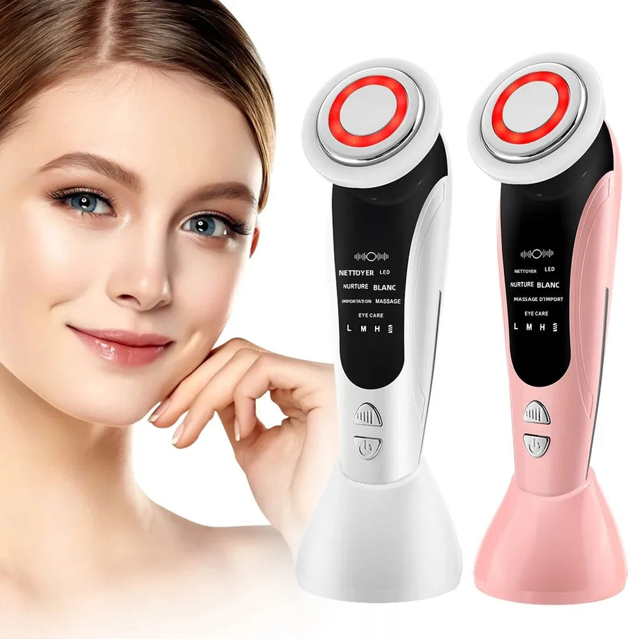 Appareil de massage facial EMS 7 en 1, instrument de beauté pour le visage avec vibrations induites, compresses chaudes et thérapie par la lumière LED.