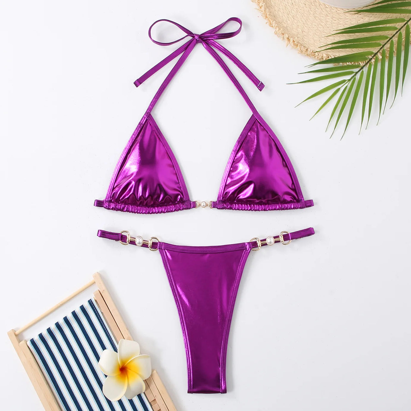 Micro bikini rose brillant 2025 Femme Sexy PU Perles Push-up String Maillot de bain été Maillot de bain bandage vacances