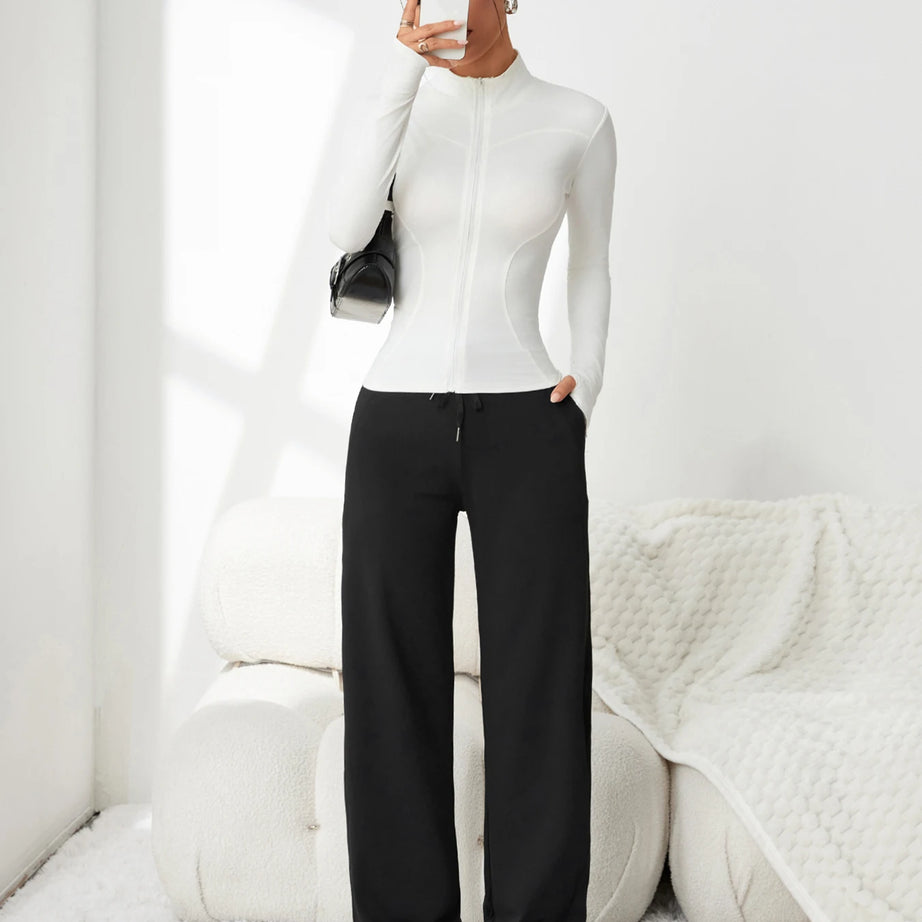 Pantalon rayé taille haute à cordon de serrage pour femme – Tissu drapé très extensible, coupe amincissante, idéal pour les loisirs et les trajets quotidiens
