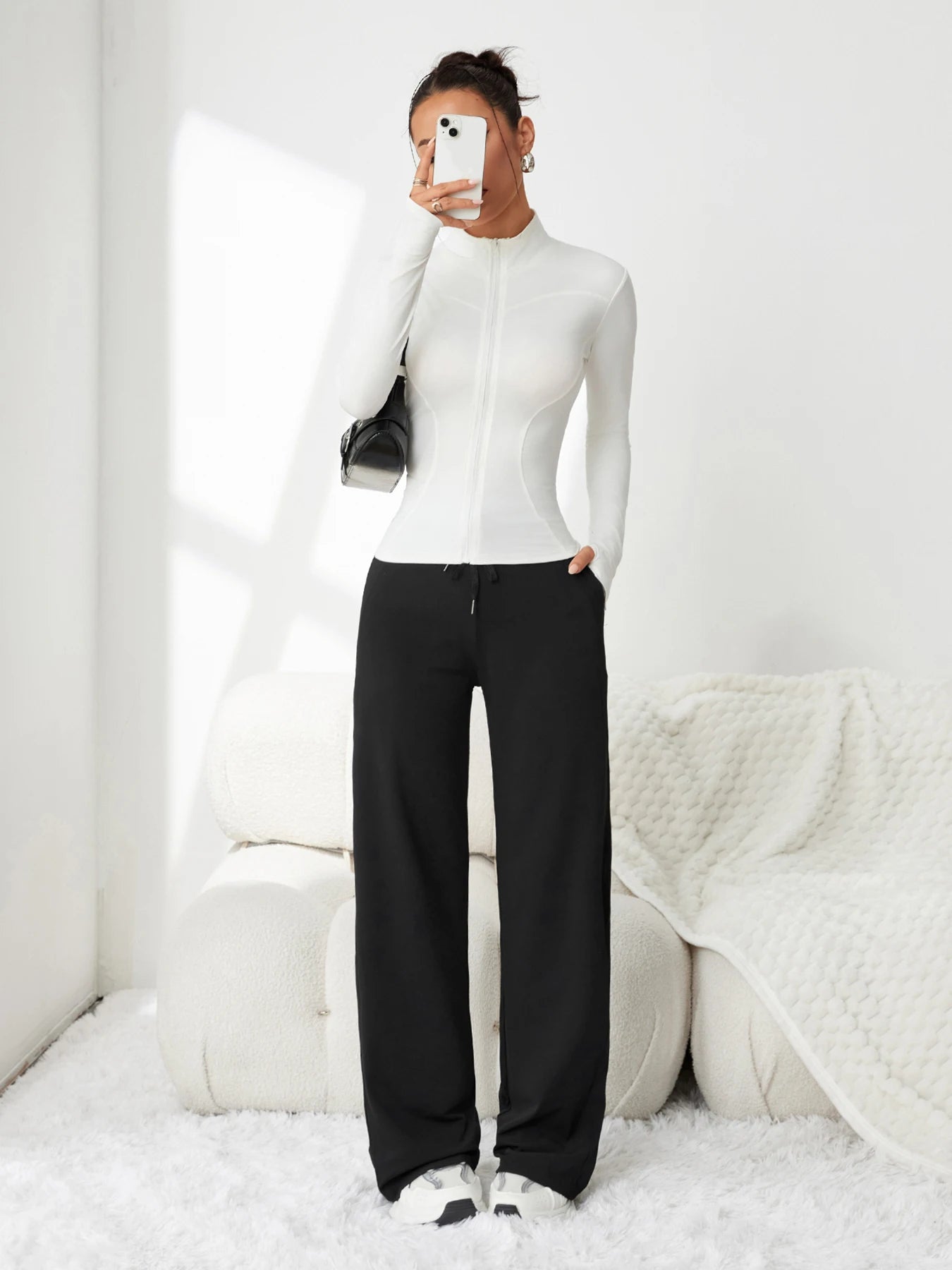 Pantalon rayé taille haute à cordon de serrage pour femme – Tissu drapé très extensible, coupe amincissante, idéal pour les loisirs et les trajets quotidiens