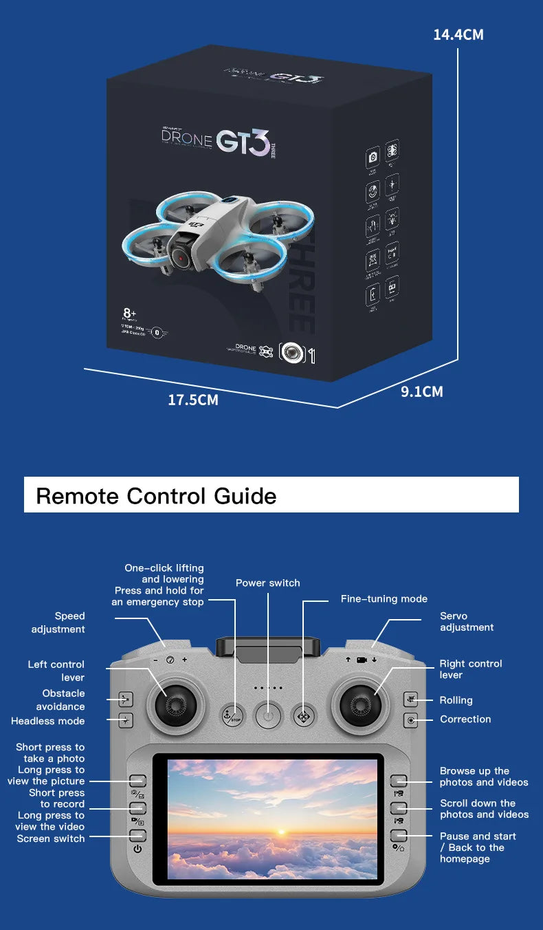 Drone GT3 MAX 2025 - 8K HD 4,3" - Télécommande - Mode sans tête - Hélicoptère - Flip 360° - Quadricoptère - Jouet - Mini drone - Cadeau pour enfant