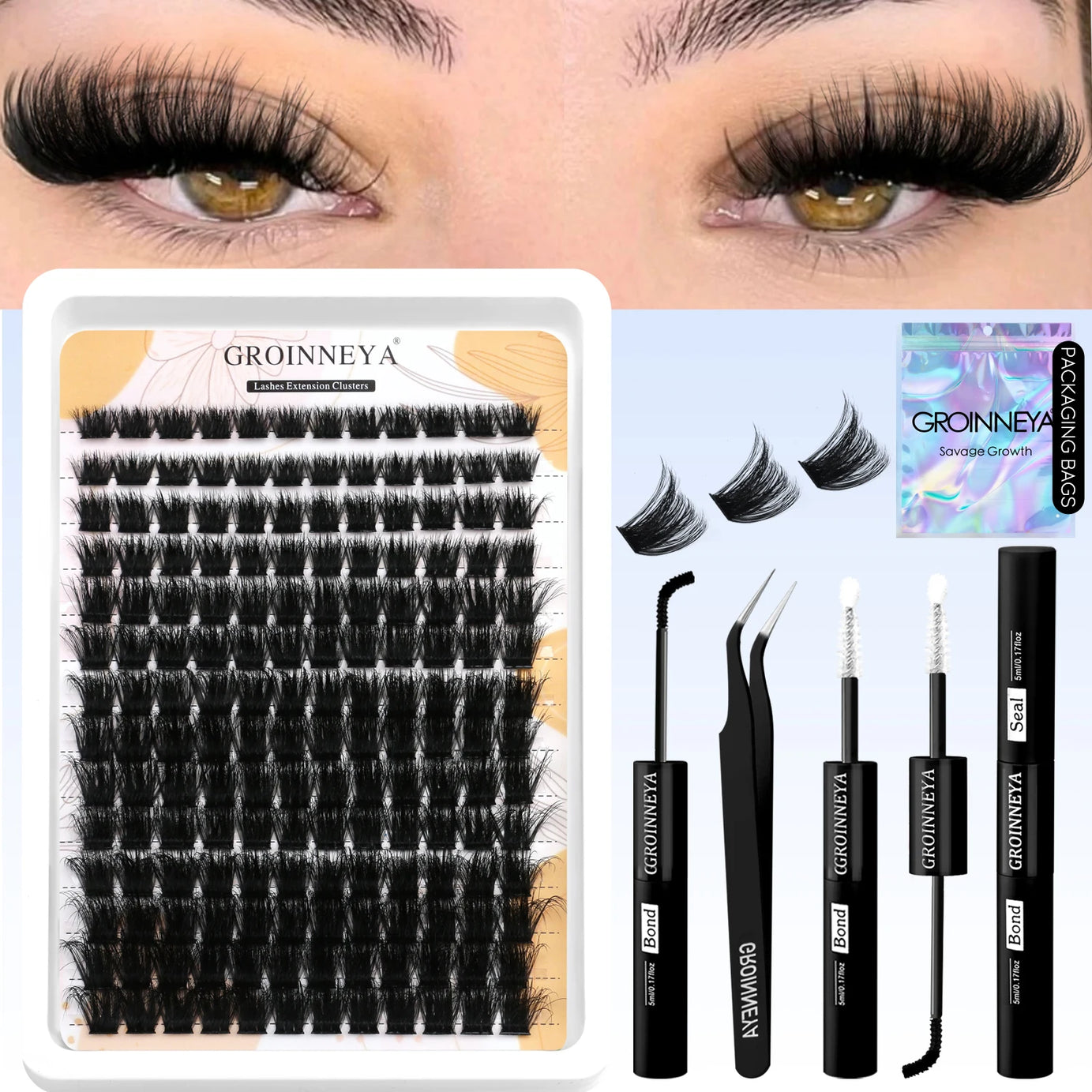 Kit de faux cils GROINNEYA avec patchs waterproof à tenue forte, kit d'extension de cils à faire soi-même, colle et fixateur, pince à épiler et maquillage.