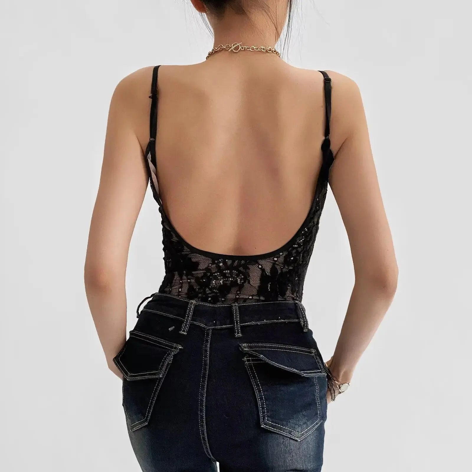Body sexy transparente de encaje con forro, sin espalda, con tirantes finos, mono corto ajustado para mujer, monos ajustados, enterizos.