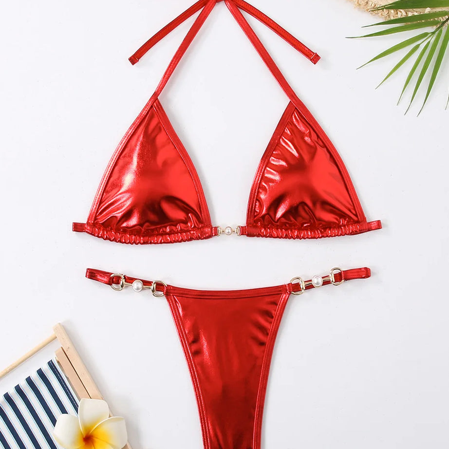 Micro bikini rose brillant 2025 Femme Sexy PU Perles Push-up String Maillot de bain été Maillot de bain bandage vacances