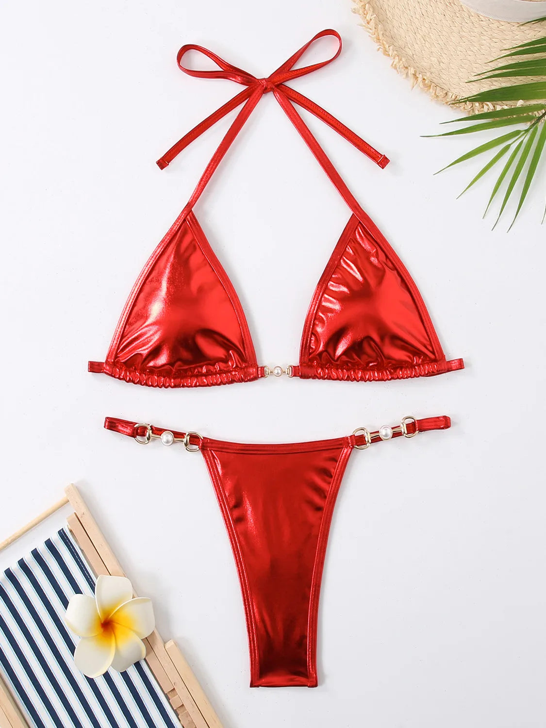 Micro bikini rose brillant 2025 Femme Sexy PU Perles Push-up String Maillot de bain été Maillot de bain bandage vacances