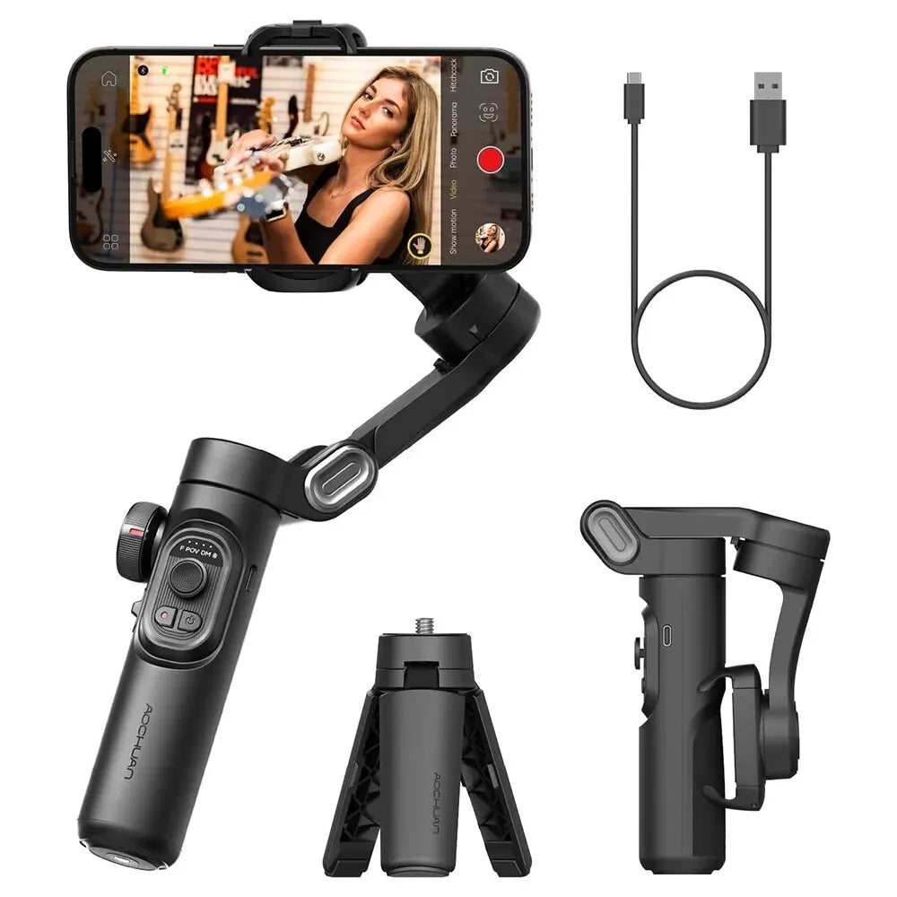 Stabilisateur à cardan 3 axes pour smartphone, pliable, portable, pour l'enregistrement vidéo, les vlogs et les appareils Android. Stabilisateur anti-tremblement PTZ pour iPhone et Android.