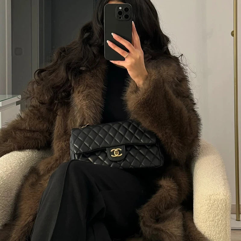 Neo Mint Vintage Luxury Long Faux Fox Fur Coat Women 2024 Winter Warm Fluffy Fur Jacket Female Street Furry Outerwear Overcoat