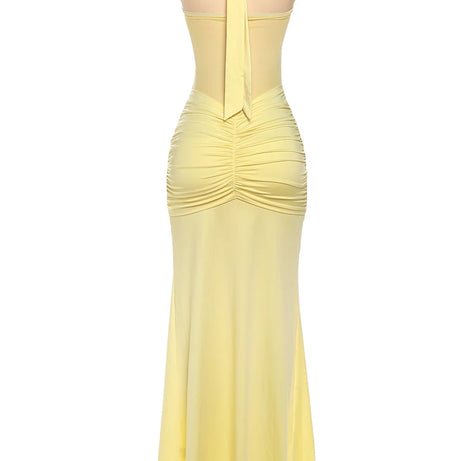 Robe maxi élégante patchwork pour femme, style classique et sexy, avec rubans transparents, dos nu et bretelles fines, coupe moulante, tendance festival et soirée.