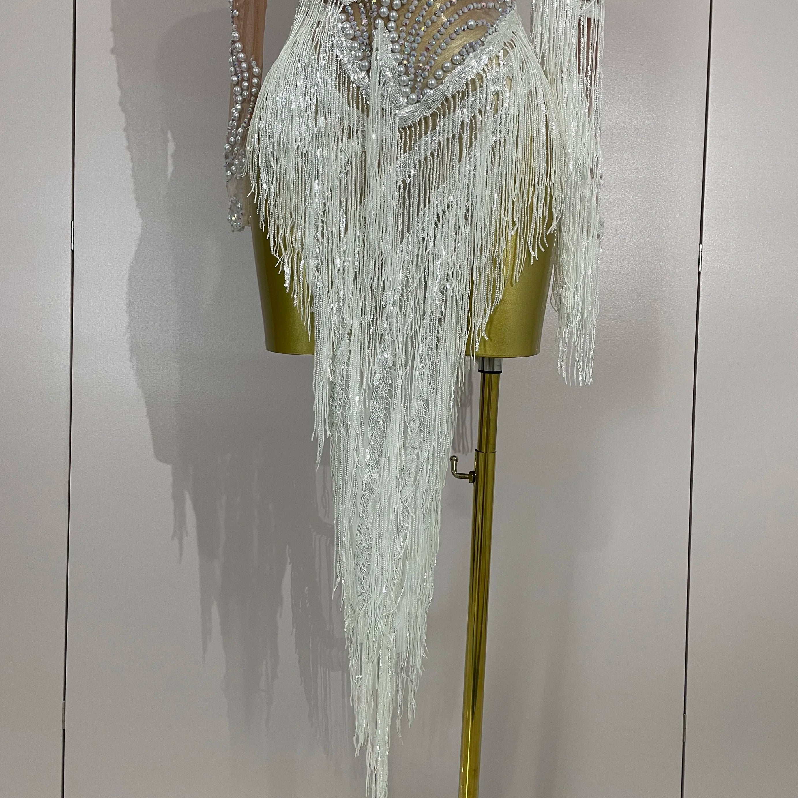 Women Sparkly Rhinestone Pearl Sequins Tassel Sexy Transparent Dress Evening Birthday Party Nightclub Dance Singer Stage Outfit