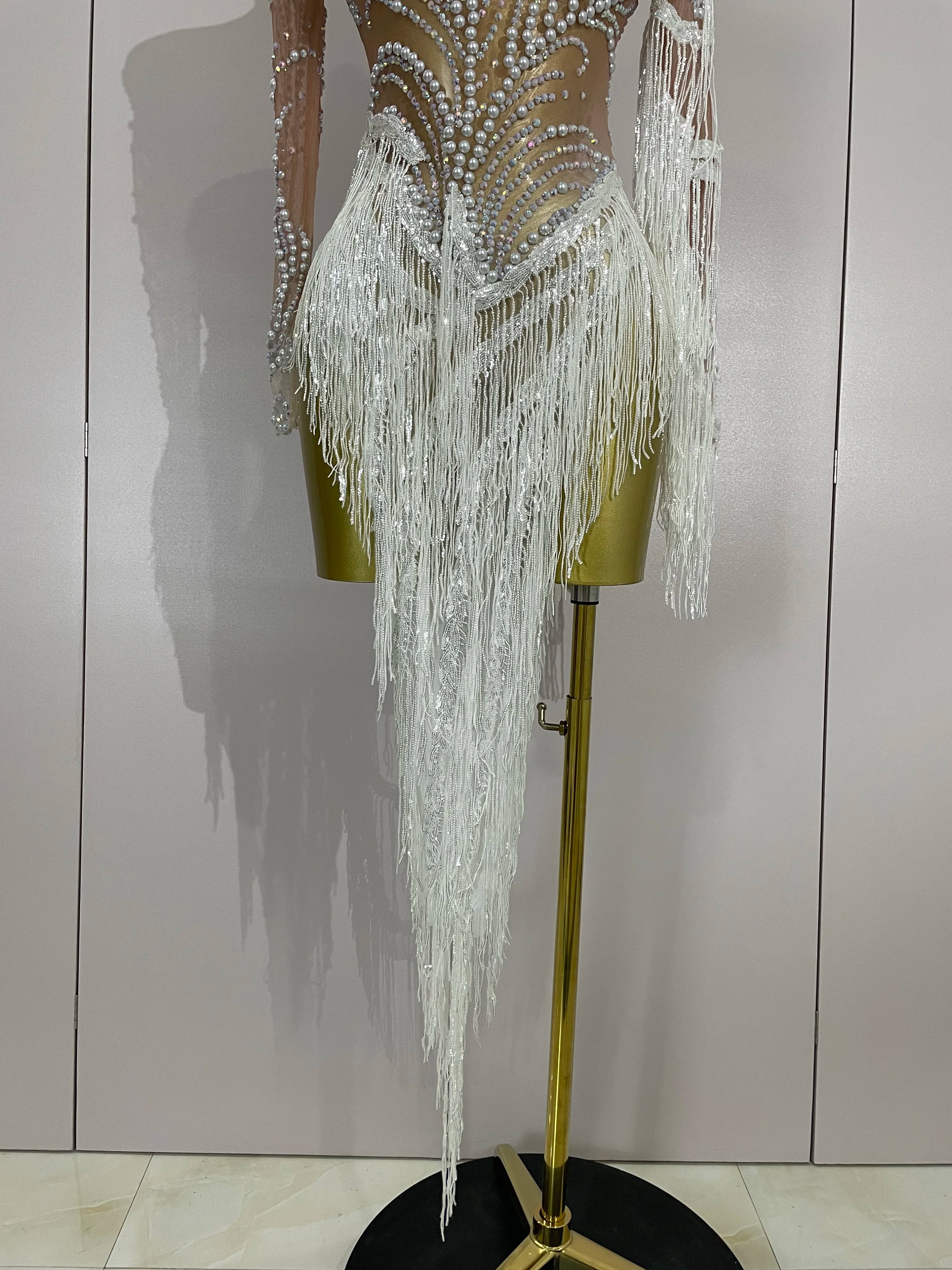 Women Sparkly Rhinestone Pearl Sequins Tassel Sexy Transparent Dress Evening Birthday Party Nightclub Dance Singer Stage Outfit