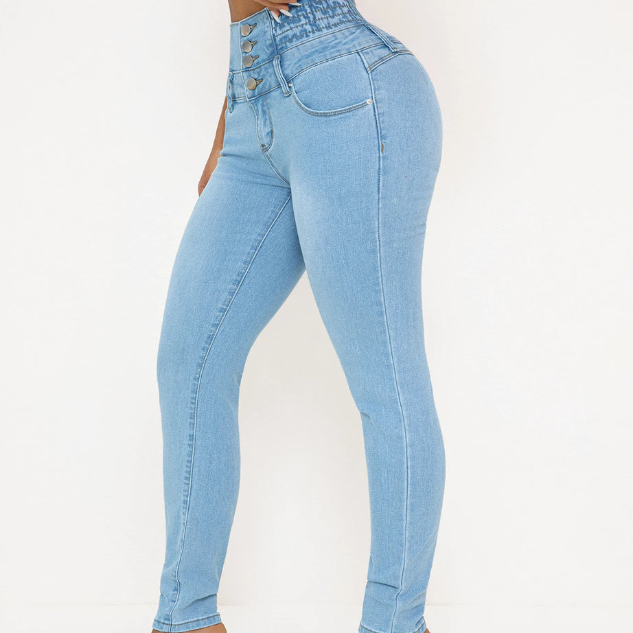 Jean en denim stretch taille haute pour femme - Coupe slim sexy avec effet push-up, style décontracté, bleu clair, confort toutes saisons, taille haute