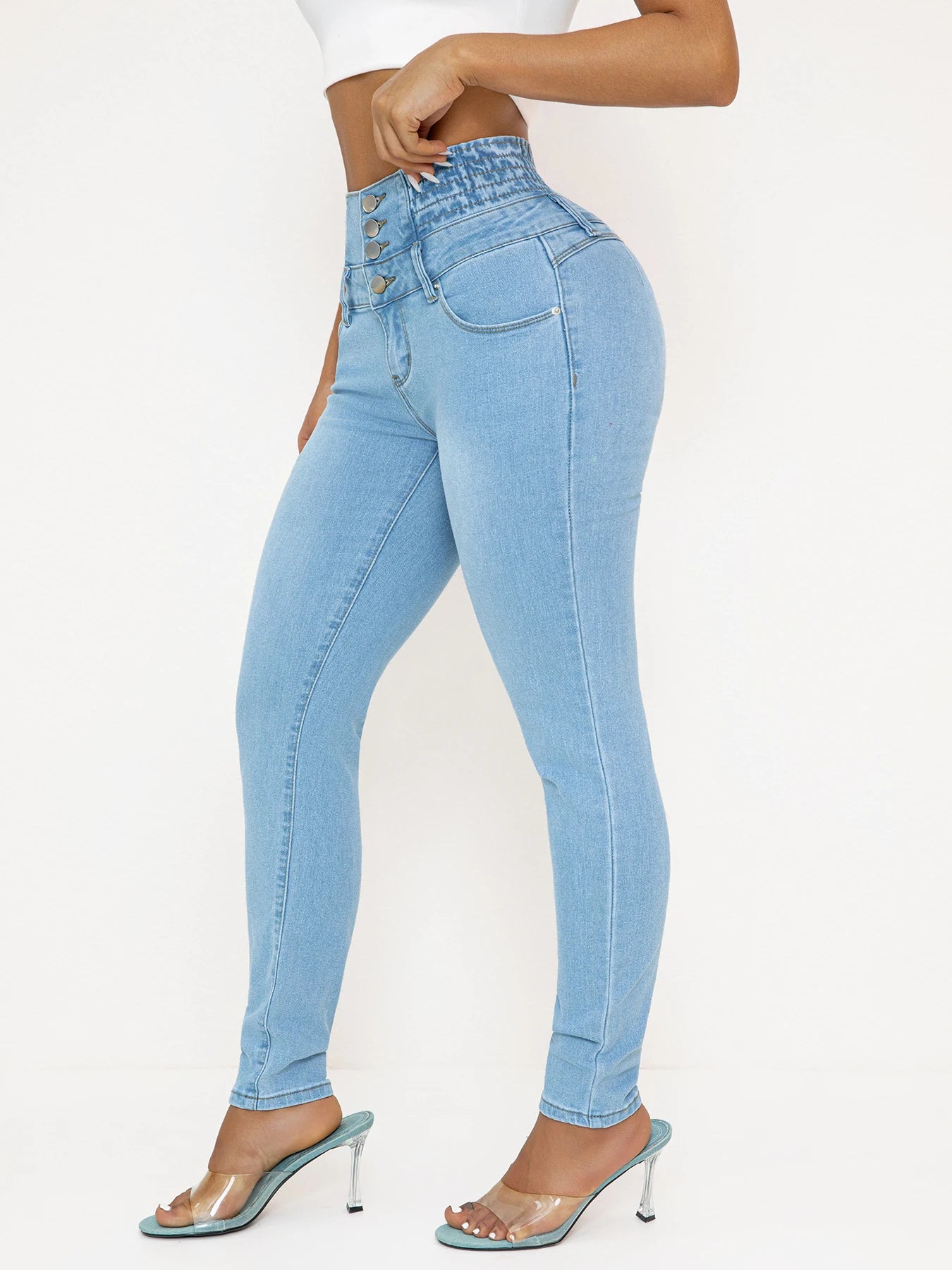 Jean en denim stretch taille haute pour femme - Coupe slim sexy avec effet push-up, style décontracté, bleu clair, confort toutes saisons, taille haute