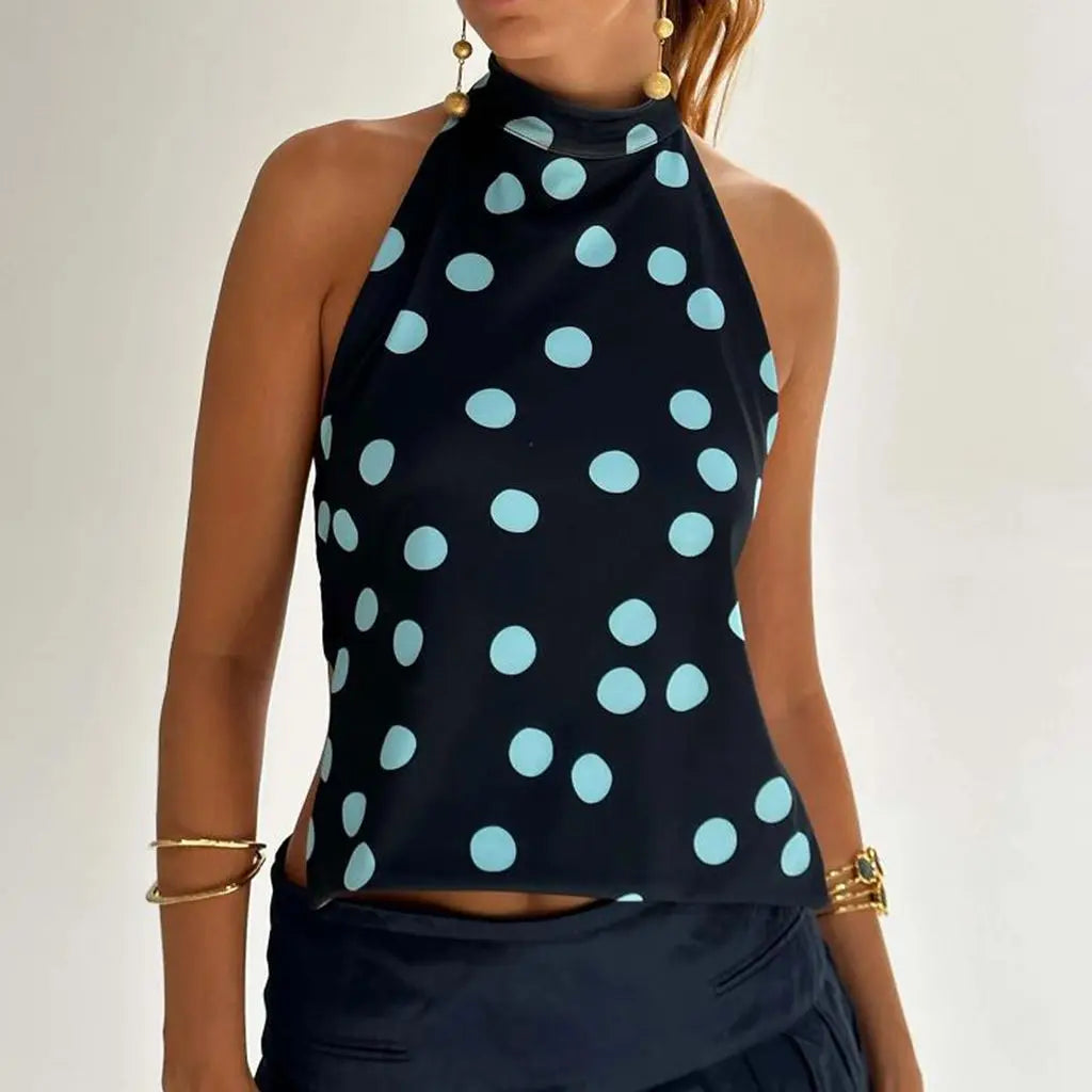 Combhasaki Débardeurs d'été pour femmes, style années 2000, à boutons, col halter, sans manches, dos nu, imprimé à pois/fleurs tie-dye