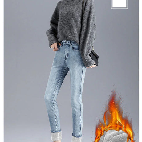 Jean d'hiver épais doublé polaire pour femme, amincissant, chaud et élastique, coupe crayon