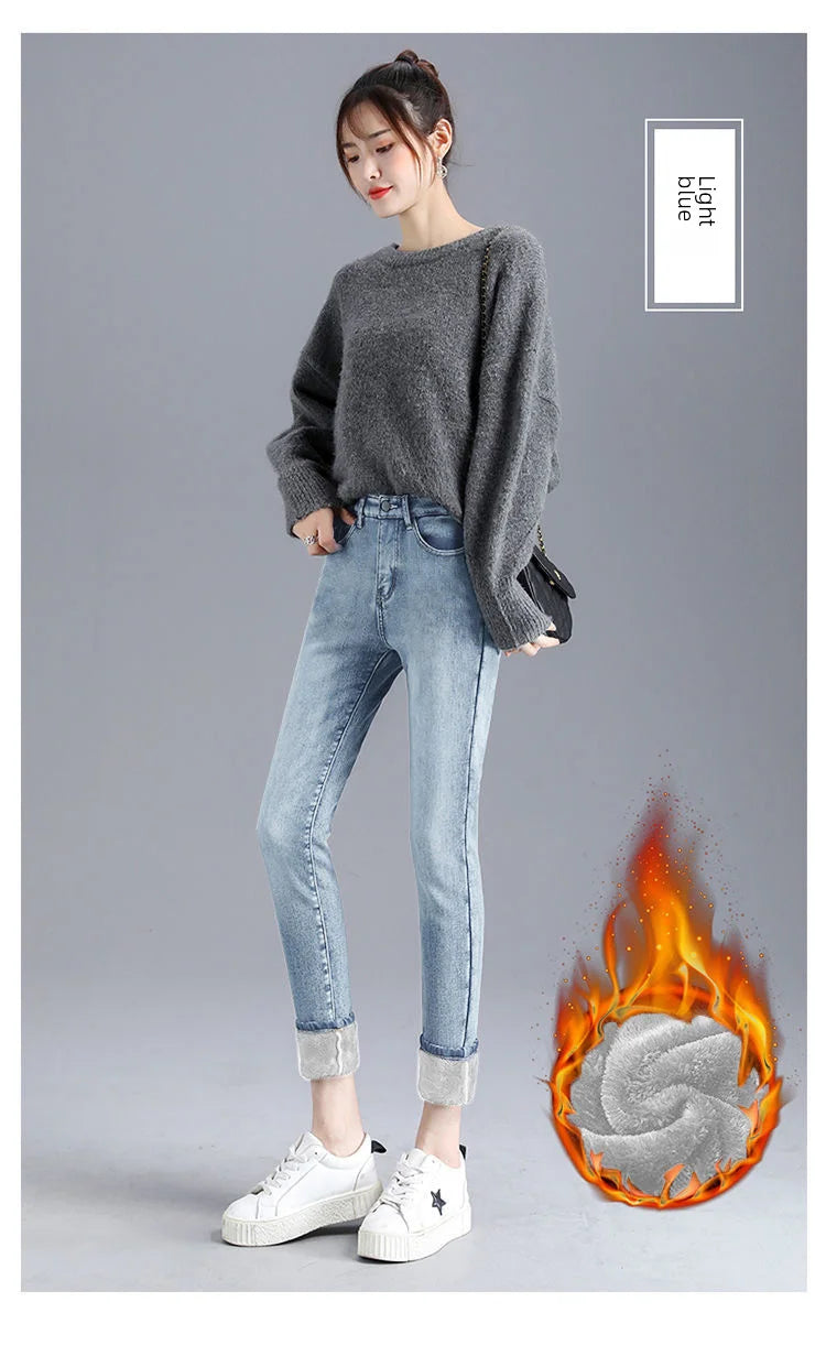 Jean d'hiver épais doublé polaire pour femme, amincissant, chaud et élastique, coupe crayon