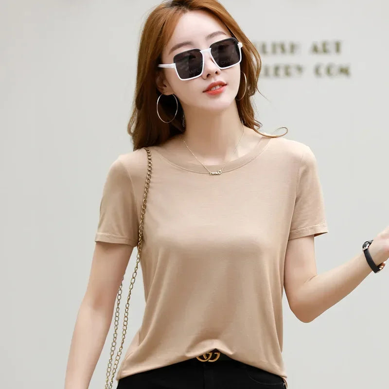 T-shirt MRMT 2026 pour femme, neuf, en coton et soie glacée, couleur unie, col rond, style minimaliste décontracté.