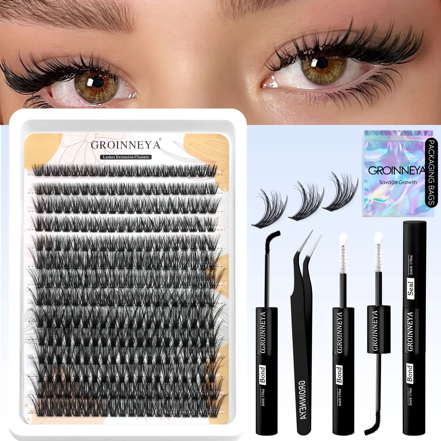Kit de faux cils GROINNEYA avec patchs waterproof à tenue forte, kit d'extension de cils à faire soi-même, colle et fixateur, pince à épiler et maquillage.