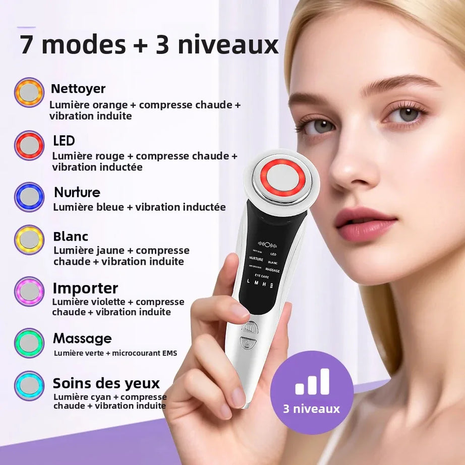 Appareil de massage facial EMS 7 en 1, instrument de beauté pour le visage avec vibrations induites, compresses chaudes et thérapie par la lumière LED.