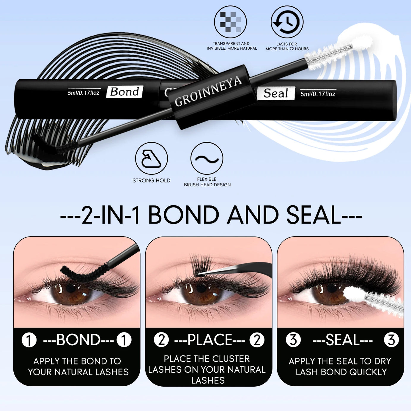 Kit de faux cils GROINNEYA avec patchs waterproof à tenue forte, kit d'extension de cils à faire soi-même, colle et fixateur, pince à épiler et maquillage.