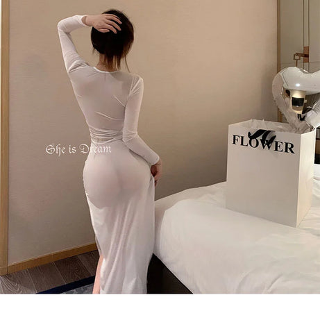 Robe longue maxi sexy et transparente en soie glacée, dentelle et tulle, collection été 2023, style coréen, blanche (I4SM)