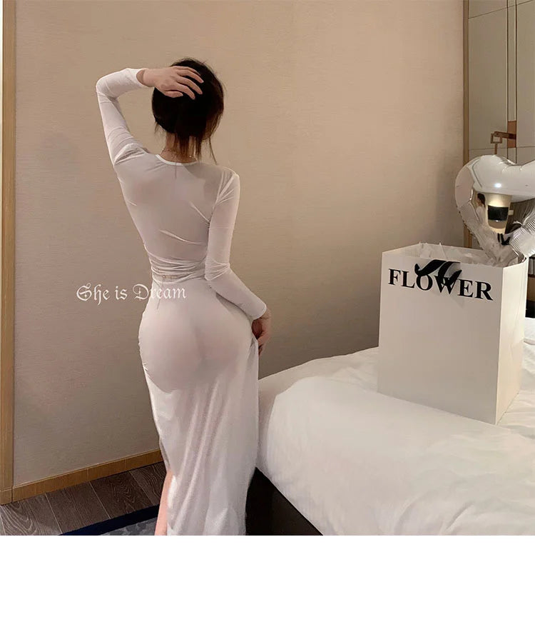 Robe longue maxi sexy et transparente en soie glacée, dentelle et tulle, collection été 2023, style coréen, blanche (I4SM)