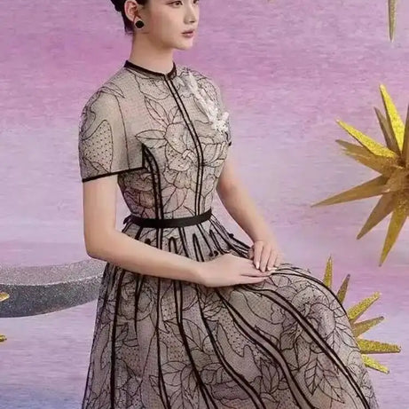 Robe DEAT élégante à col rond, broderie, patchwork de gaze, coupe trapèze, unie, robe de soirée femme printemps 2026, nouvelle mode 35Z927