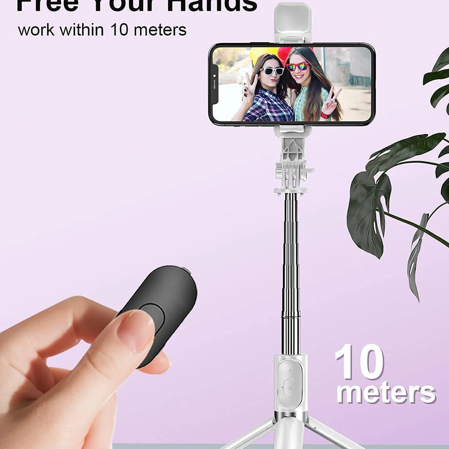 Perche à selfie sans fil Bluetooth avec trépied pliable et portable, éclairage d'appoint et télécommande pour smartphones Android et iPhone.