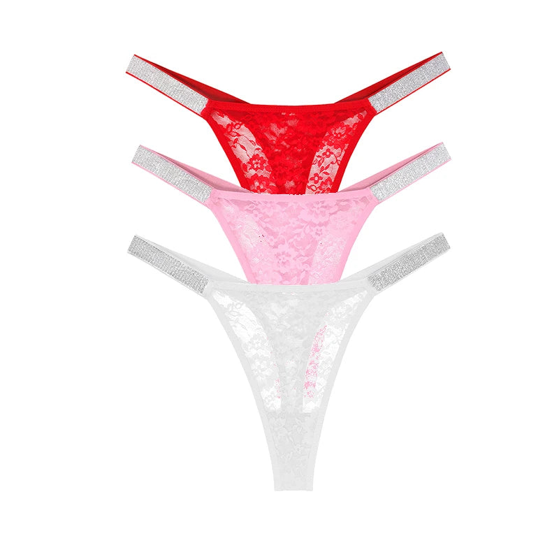 Lot de 3 strings sexy en dentelle pour femme, culottes fleuries transparentes, taille basse, deux ceintures brillantes, string confortable, lingerie intime