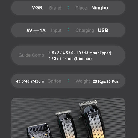 Tondeuse à cheveux électrique combinée VGR 644 avec dégradé, rechargeable, professionnelle, pour homme.
