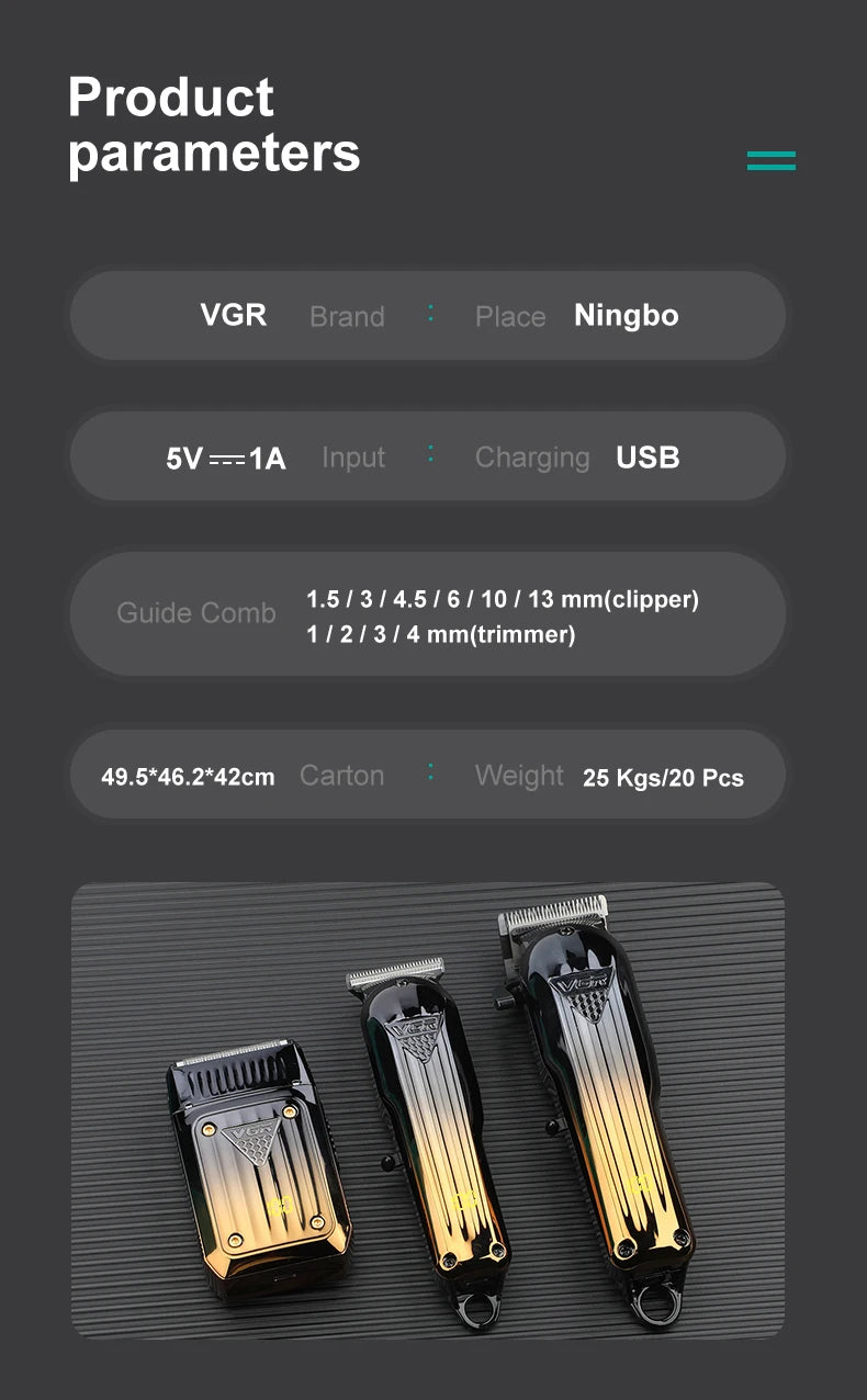 Tondeuse à cheveux électrique combinée VGR 644 avec dégradé, rechargeable, professionnelle, pour homme.